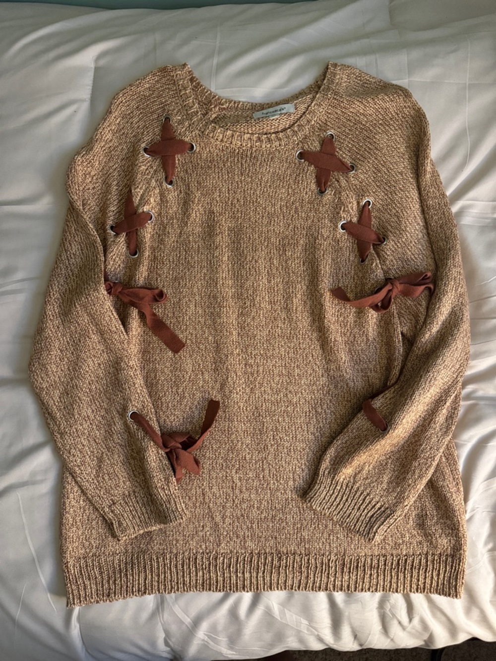 Cream Knit Crewneck Sweater with Brown Ribbon Tie Accents